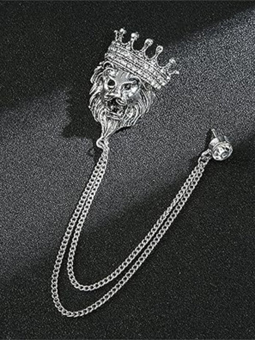 Lion Tassel Chain Brooch for Suit Sweater Shirt Crown Royal Pin Silver Tone